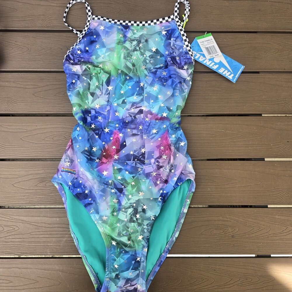The Finals Womens Shooting Star Foil Flutterback Swimsuit Blue Sz 30 New